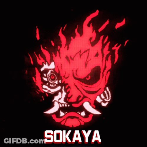 A Black Background With A Red Samurai Mask And The Word Sokaya GIF