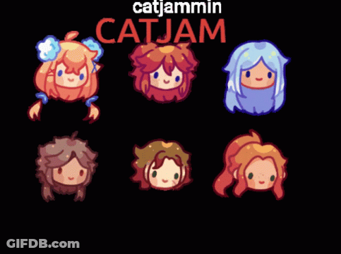 A Black Background With Cartoon Characters And The Name Catjammin On Top GIF