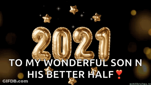 A Black Background With Gold Balloons That Read 2021 GIF
