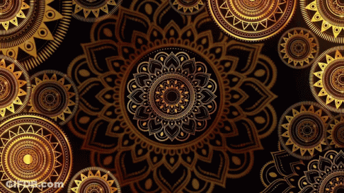A Black Background With Gold Circles And Flowers On It GIF