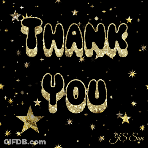A Black Background With Gold Stars And The Word Thank You GIF