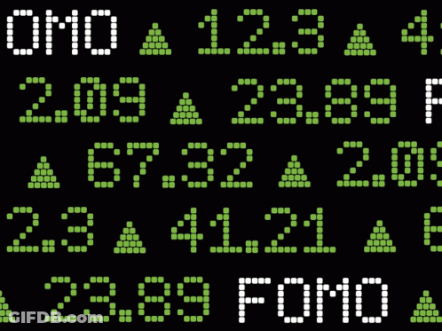 A Black Background With Green Dots And The Word Fomo GIF