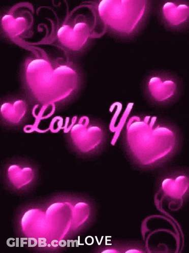 Love You Text With Pink Hearts On Black Background GIF