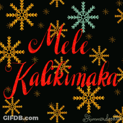 A Black Background With Snowflakes And The Words " Mele Kalikimaka " GIF