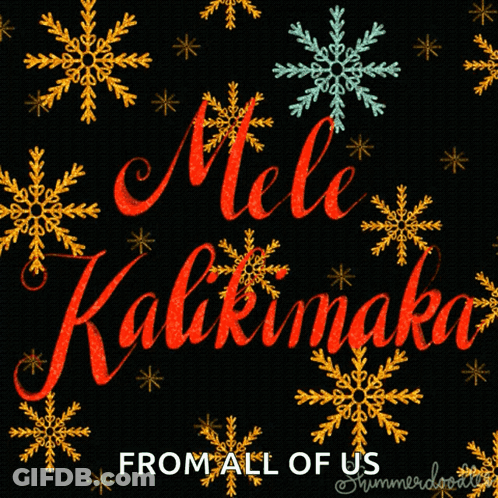 A Black Background With Snowflakes And The Words Mele Kalikimaka GIF