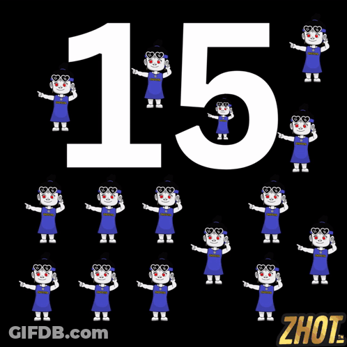 A Black Background With The Number 15 And A Bunch Of Robots With Hearts On Their Faces GIF