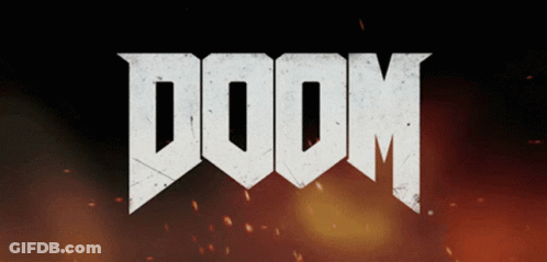 A Black Background With The Word Doom In White Letters GIF