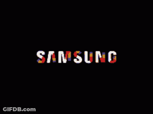 A Black Background With The Word Samsung In White Letters GIF
