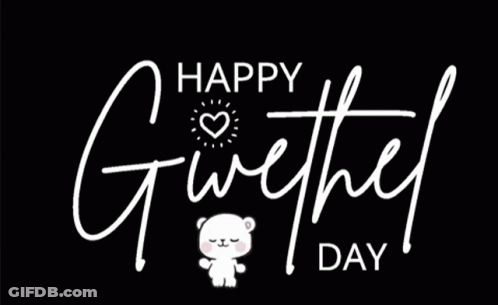 A Black Background With The Words `` Happy Givethel Day '' And A Teddy Bear With A Heart On It . GIF