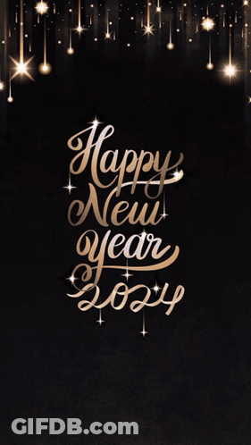 A Black Background With The Words Happy New Year 2024 Written In Gold GIF