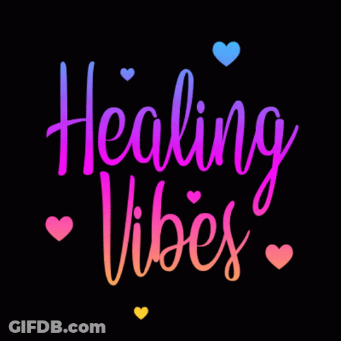 A Black Background With The Words Healing Vibes Surrounded By Pink And Blue Hearts GIF