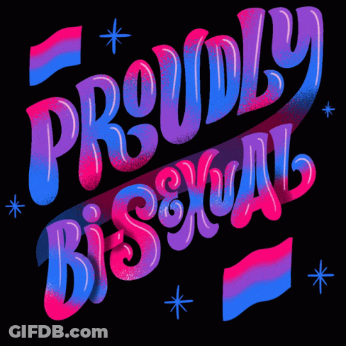 A Black Background With The Words Proudly Bisexual In Pink And Blue Letters GIF