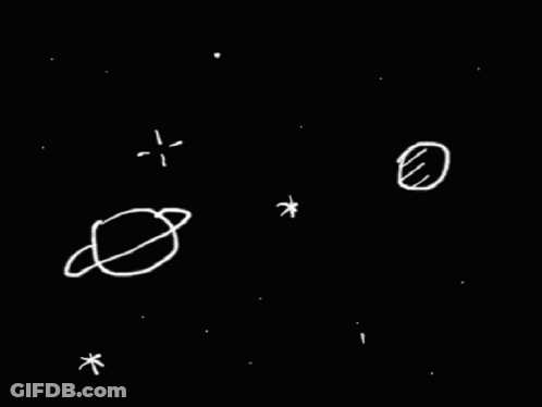 A Black Background With White Drawings Of Planets And Stars On It GIF