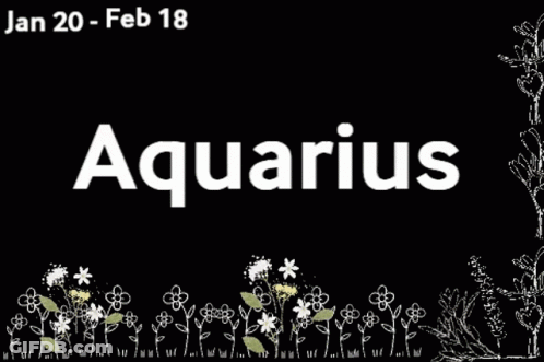 A Black Background With White Flowers And The Word Aquarius On It GIF