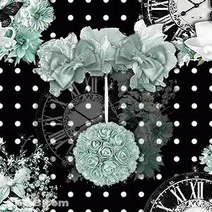 A Black Background With White Polka Dots And A Clock With Roman Numerals GIF