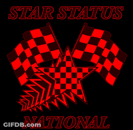 A Black Background With Yellow Checkered Flags And A Star That Says " Star Status National " GIF