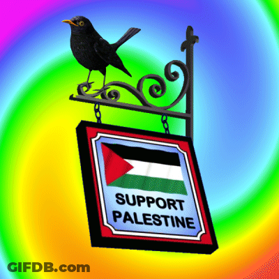 A Black Bird Sits On Top Of A Sign That Says " Support Palestine " GIF