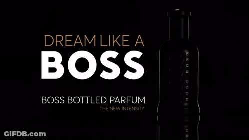 A Black Bottle Of Boss Bottled Parfum With The Words Inspire Like A Boss Above It GIF