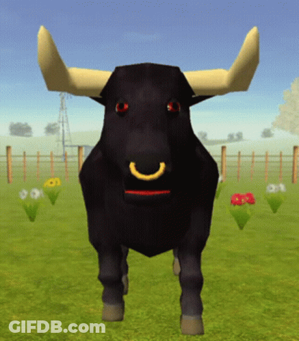 A Black Bull With Yellow Horns Is Standing In A Field GIF