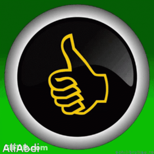 A Black Button With A Yellow Thumbs Up And The Name Aliabdi On The Bottom GIF
