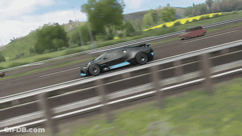 A Black Car With A Blue Stripe On The Side Is Driving Down A Road GIF