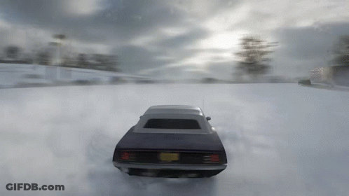 A Black Car With A New York License Plate Is Driving Through The Snow GIF