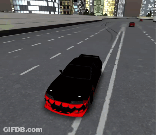 A Black Car With Red Flames Painted On The Front Is Driving Down A Highway GIF