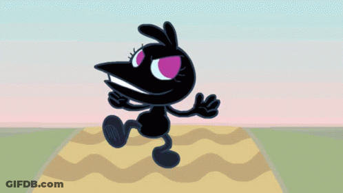 A Black Cartoon Character With Pink Eyes Is Standing On A Rug On A Field . GIF