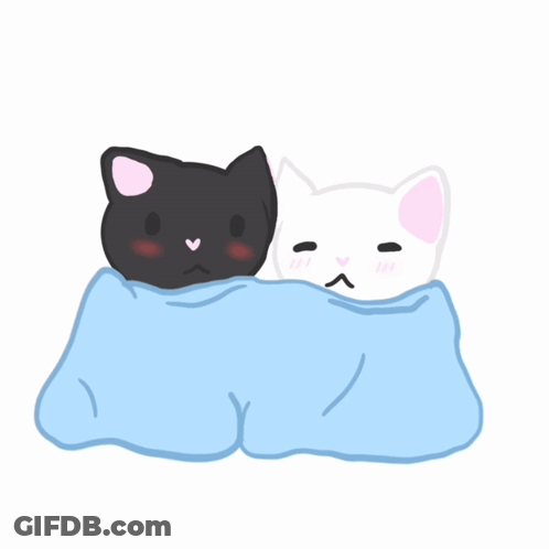 A Black Cat And A White Cat Are Laying Under A Blue Blanket GIF