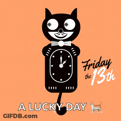 A Black Cat Holding A Clock With The Words Friday The 13Th A Lucky Day GIF