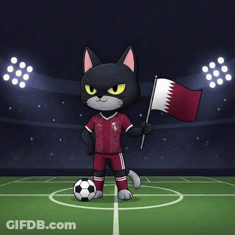 A Black Cat Holding A Flag And A Soccer Ball On A Field GIF
