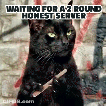 A Black Cat Holding A Knife With The Words Waiting For A 2 Round Honest Server GIF