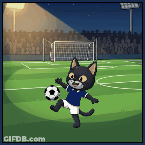 A Black Cat In A Blue Shirt Is Kicking A Soccer Ball GIF