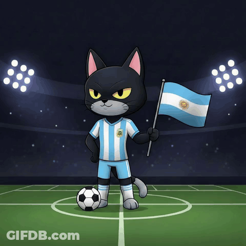 A Black Cat In A Soccer Uniform Holds An Argentina Flag GIF