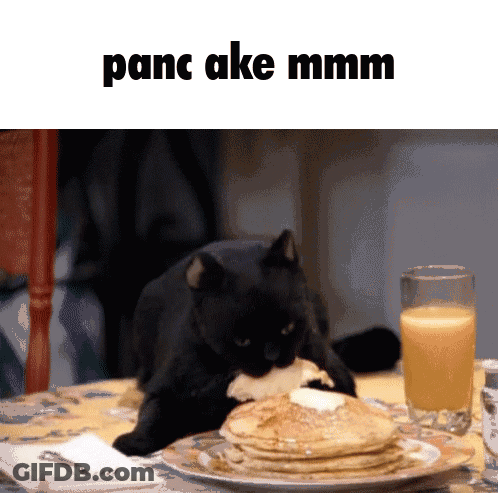 A Black Cat Is Eating A Stack Of Pancakes With The Caption Panc Ake Mmmm GIF