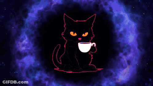 A Black Cat Is Holding A Cup Of Coffee And Says Hope You 'Re Having A Nice Day GIF