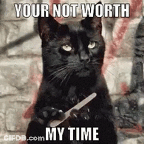 A Black Cat Is Holding A Nail File In Its Paws And Saying `` Your Not Worth My Time '' . GIF
