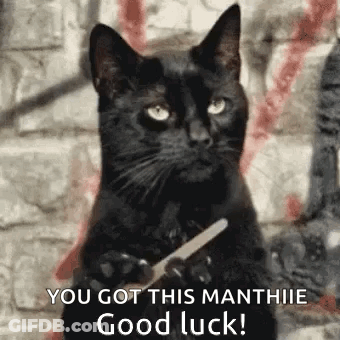 A Black Cat Is Holding A Nail File In Its Paws And Says `` You Got This Manthie Good Luck ! '' GIF