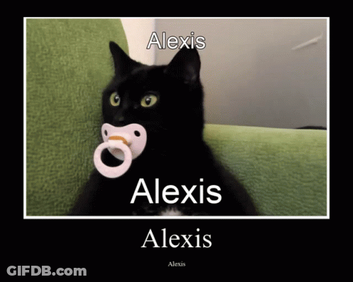 A Black Cat Is Holding A Pacifier In Its Mouth And The Name Alexis Is On The Poster GIF