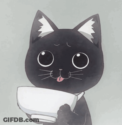 A Black Cat Is Holding A White Bowl With Its Tongue Sticking Out GIF