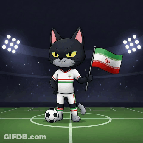 A Black Cat Is Holding An Iranian Flag And A Soccer Ball GIF