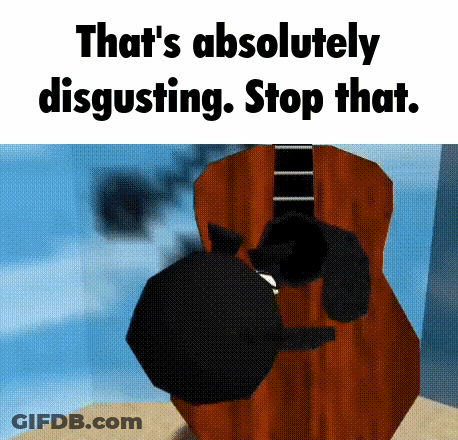 A Black Cat Is Laying On Top Of A Guitar With The Words That 'S Absolutely Disgusting Stop That . GIF