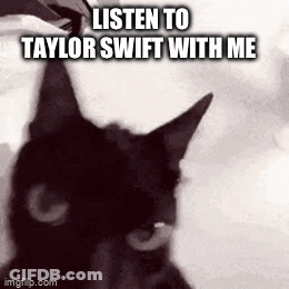 A Black Cat Is Looking At The Camera With The Words `` Listen To Taylor Swift With Me '' Written On It . GIF