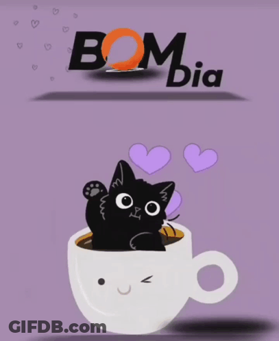 Black Cat Sitting In White Cup With Bom Dia GIF