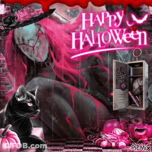 A Black Cat Is Sitting In Front Of A Pink Background That Says Happy Halloween GIF