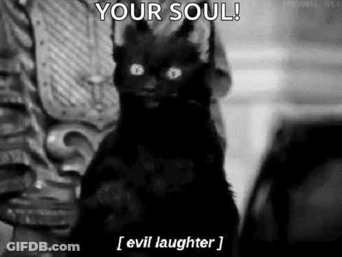A Black Cat Is Sitting In Front Of A Statue With The Words `` Your Soul ! Evil Laughter ! '' GIF
