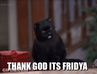 A Black Cat Is Sitting Next To A Red Box That Says Thank God Its Friday GIF