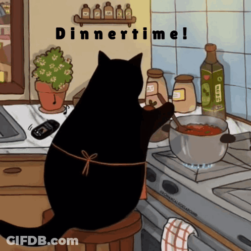 A Black Cat Is Sitting On A Stool In Front Of A Pot Of Food With The Words Dinnertime Below It GIF