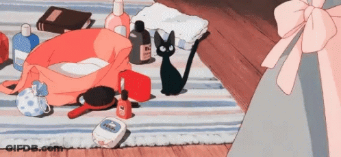 A Black Cat Is Sitting On A Striped Rug Next To A Bag Filled With Cosmetics . GIF