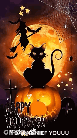 A Black Cat Is Sitting On Top Of A Pumpkin With A Witch On A Broom In The Background . GIF